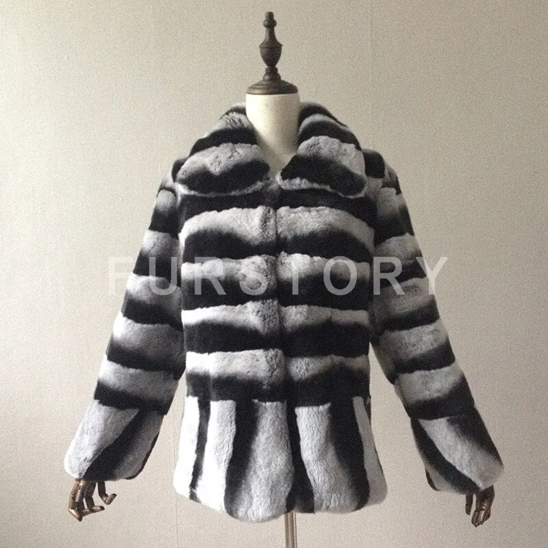 Winter jacket Women Real Fur Coats Big Turn Down Collar Rabbit  Chinchilla Color 15191