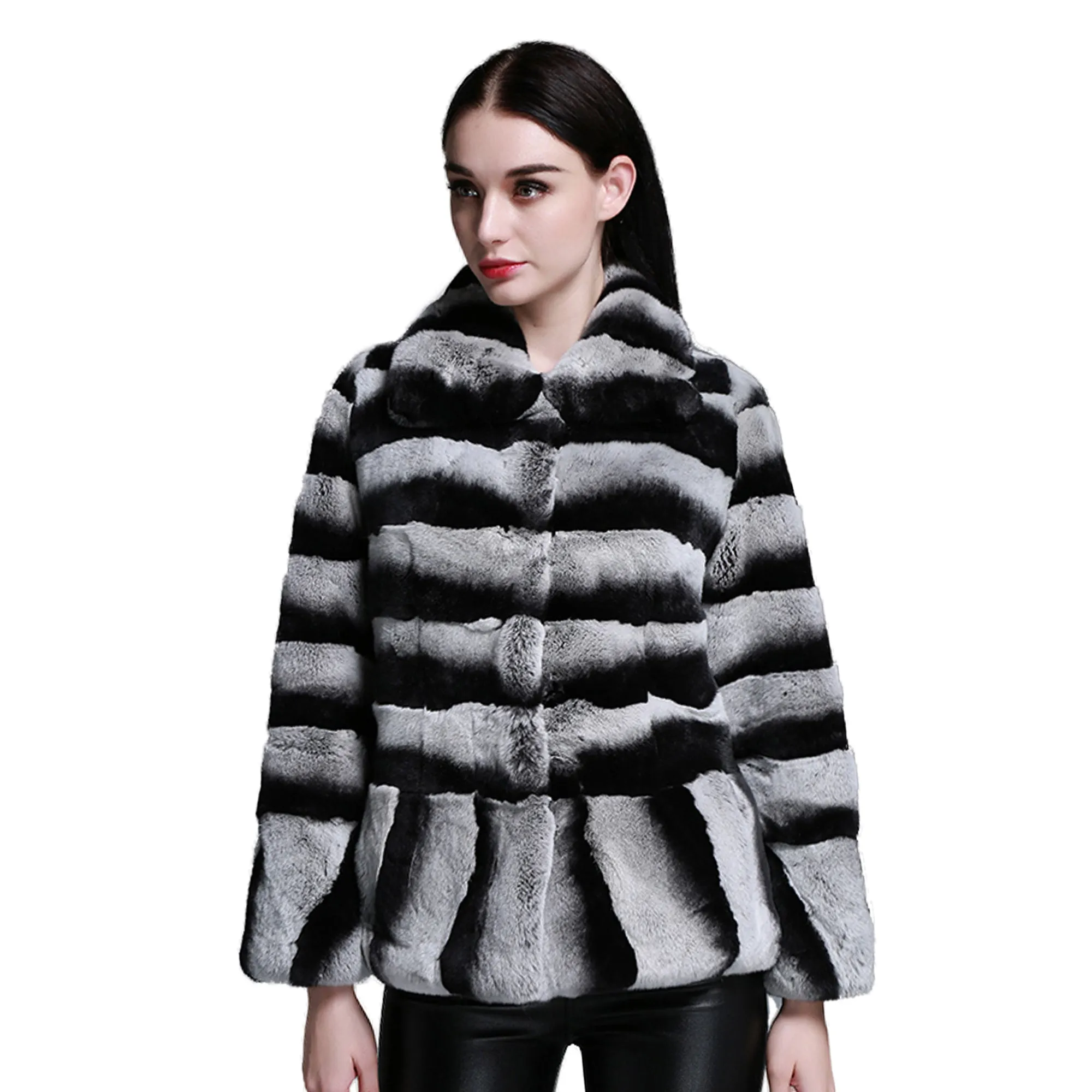 Winter jacket Women Real Fur Coats Big Turn Down Collar Rabbit  Chinchilla Color 15191