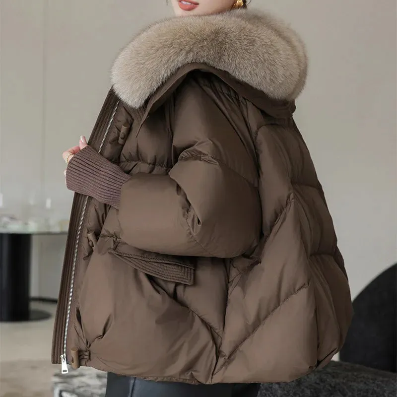 Women Cotton-padded Down Jacket Fur Collar Thick Puffer Winter Coat