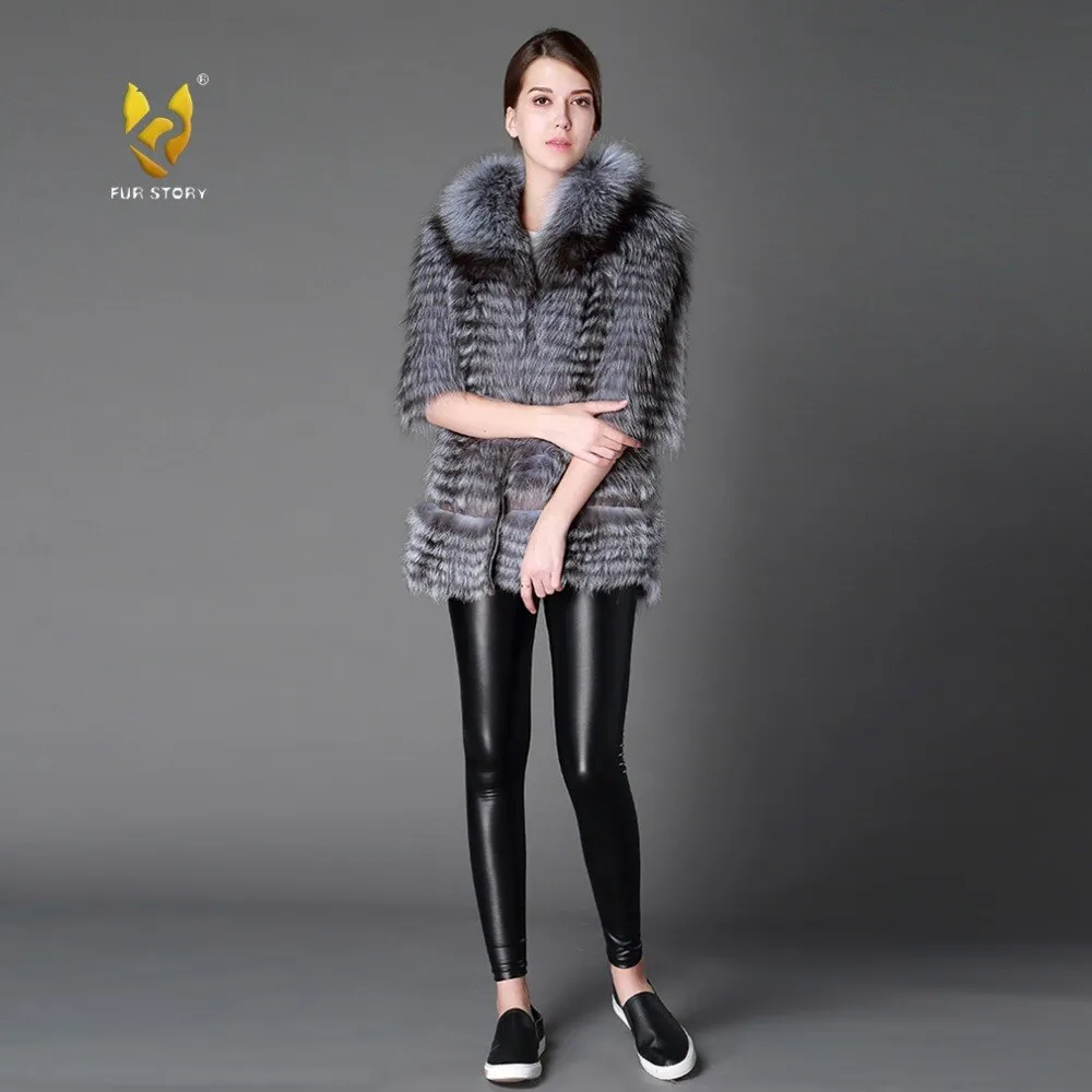 Women's Genuine Fox Fur Coat Raccoon Collar Slim Belt Short Sleeve Fur Coats  151167