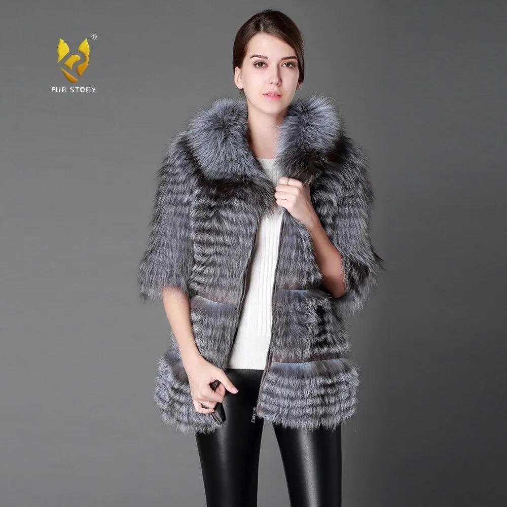 Women's Genuine Fox Fur Coat Raccoon Collar Slim Belt Short Sleeve Fur Coats  151167