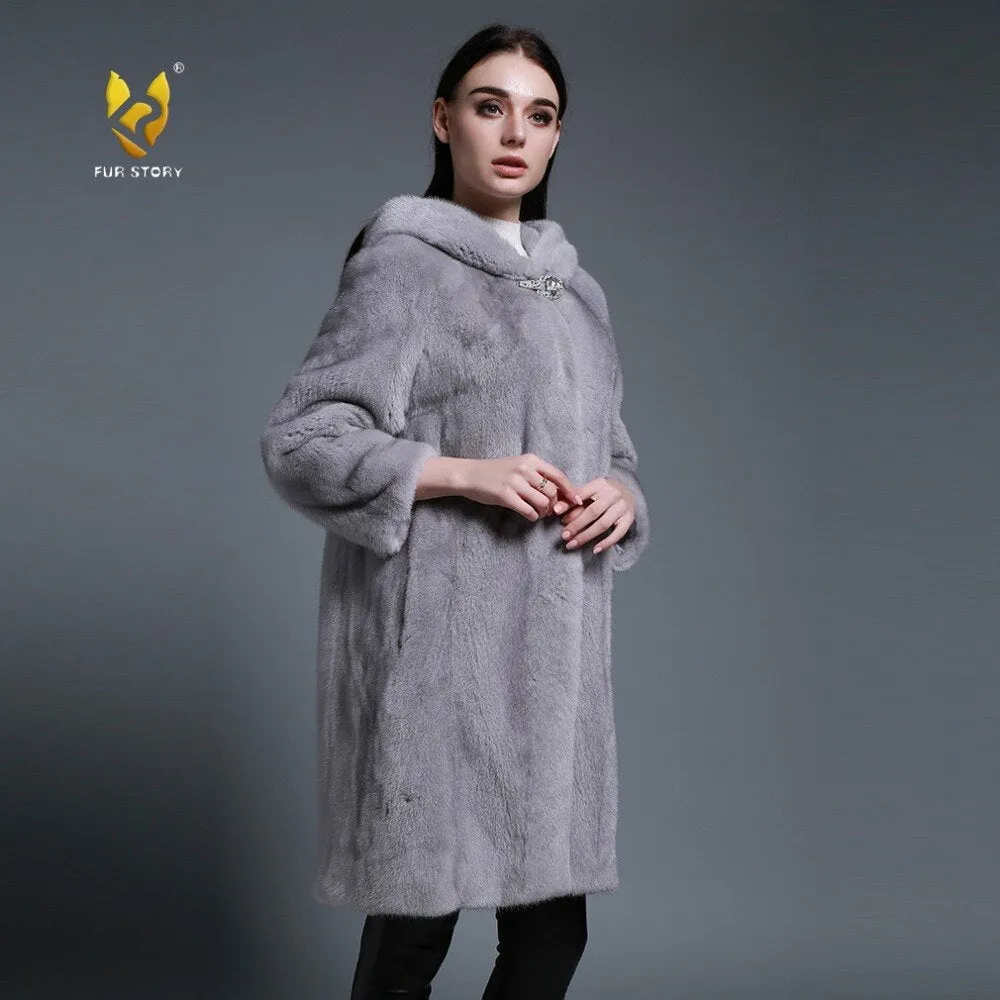 Women's Genuine Mink Fur Coat with Hood Real Mink Fur Hoodie Outwear 161210