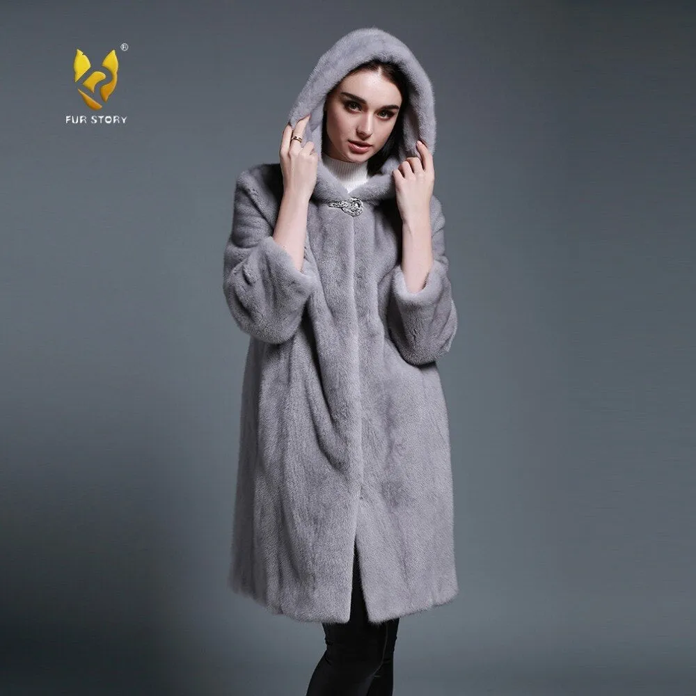 Women's Genuine Mink Fur Coat with Hood Real Mink Fur Hoodie Outwear 161210