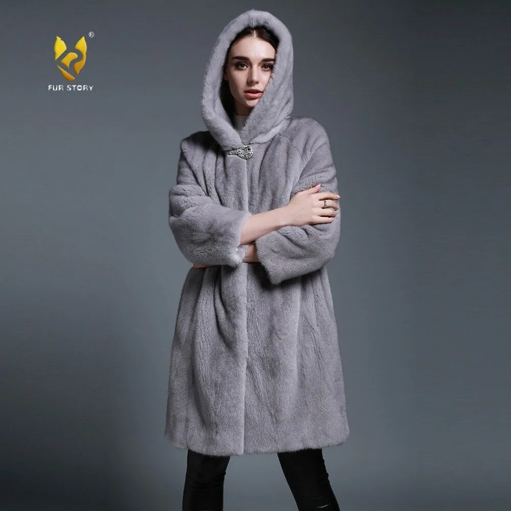 Women's Genuine Mink Fur Coat with Hood Real Mink Fur Hoodie Outwear 161210