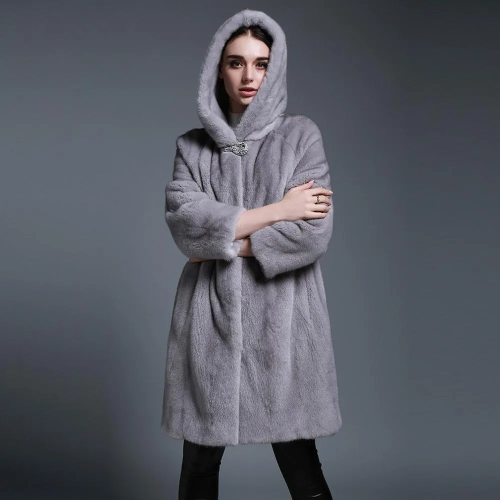 Women's Genuine Mink Fur Coat with Hood Real Mink Fur Hoodie Outwear 161210