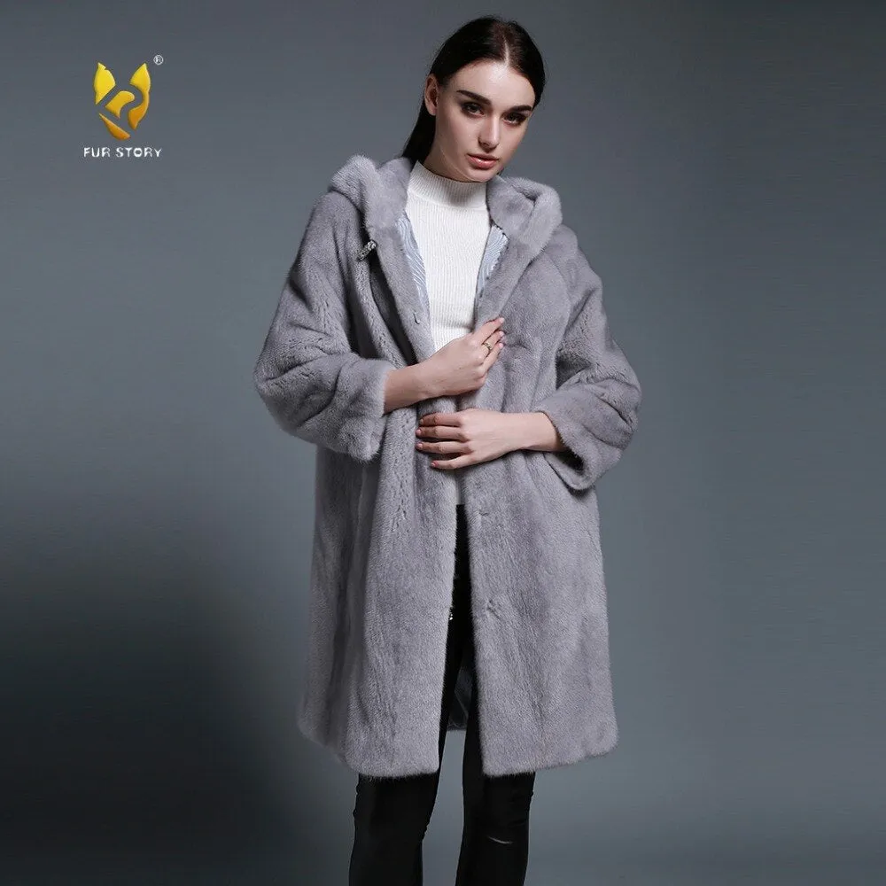 Women's Genuine Mink Fur Coat with Hood Real Mink Fur Hoodie Outwear 161210