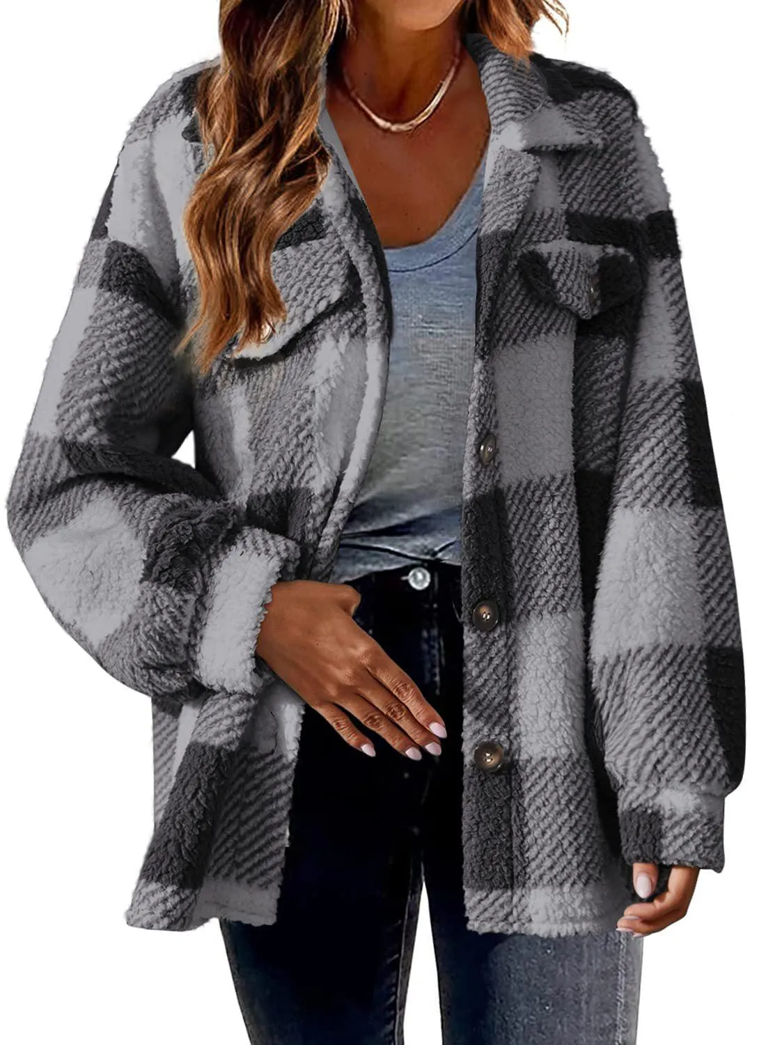 Women's plaid lamb fleece button plush coat