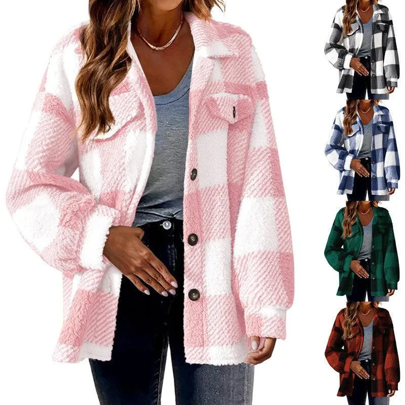 Women's plaid lamb fleece button plush coat