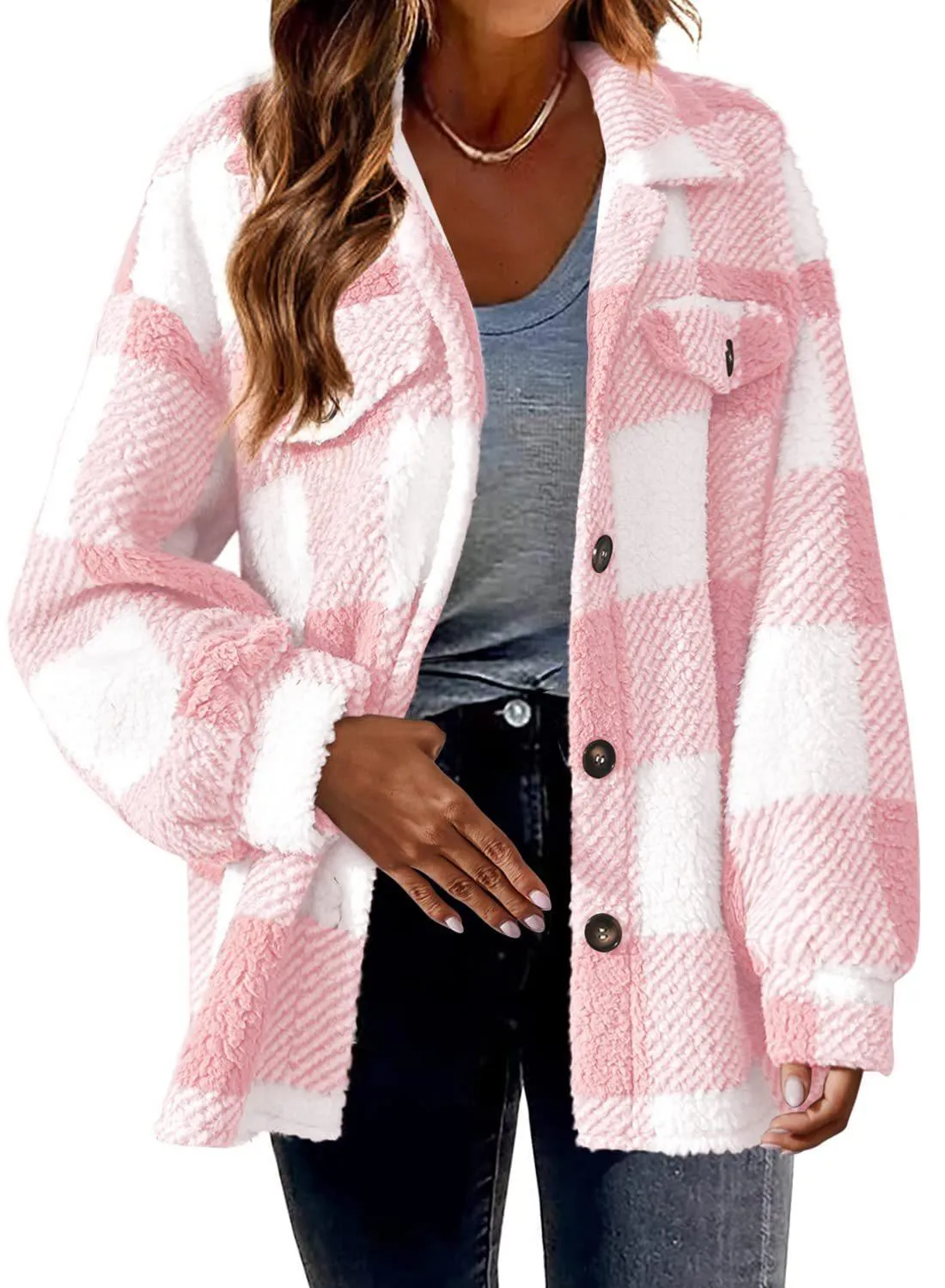 Women's plaid lamb fleece button plush coat