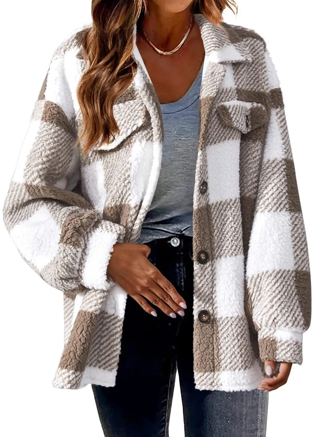 Women's plaid lamb fleece button plush coat