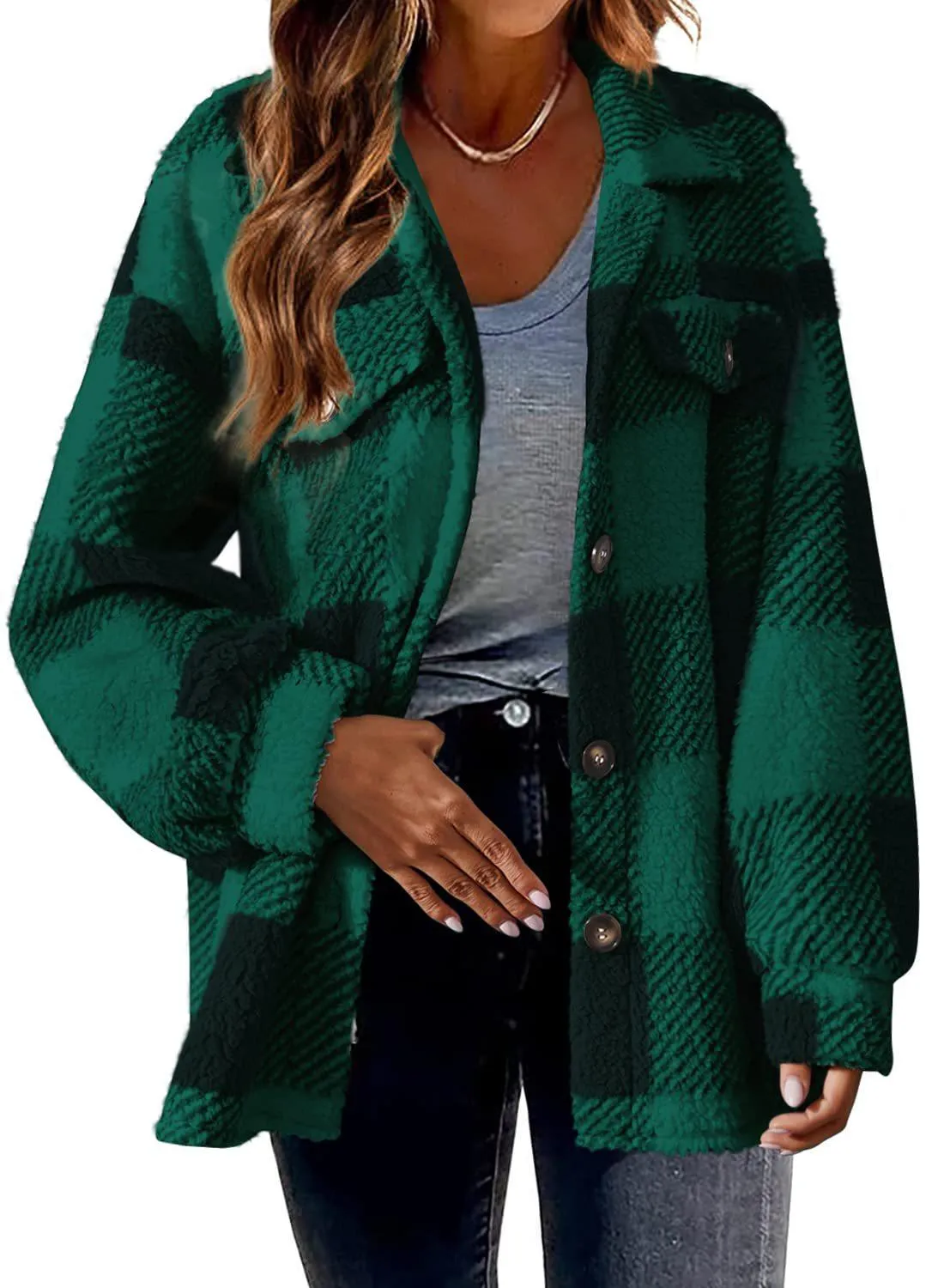 Women's plaid lamb fleece button plush coat