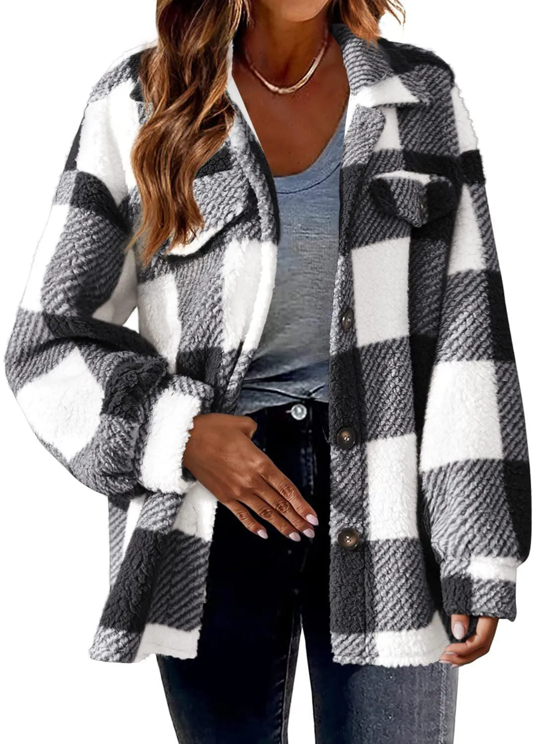 Women's plaid lamb fleece button plush coat