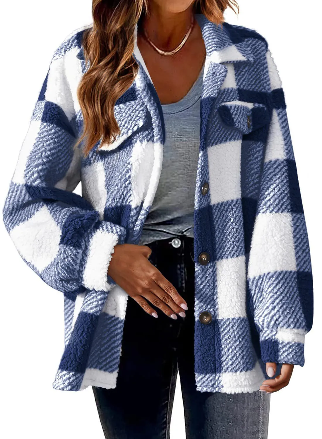 Women's plaid lamb fleece button plush coat