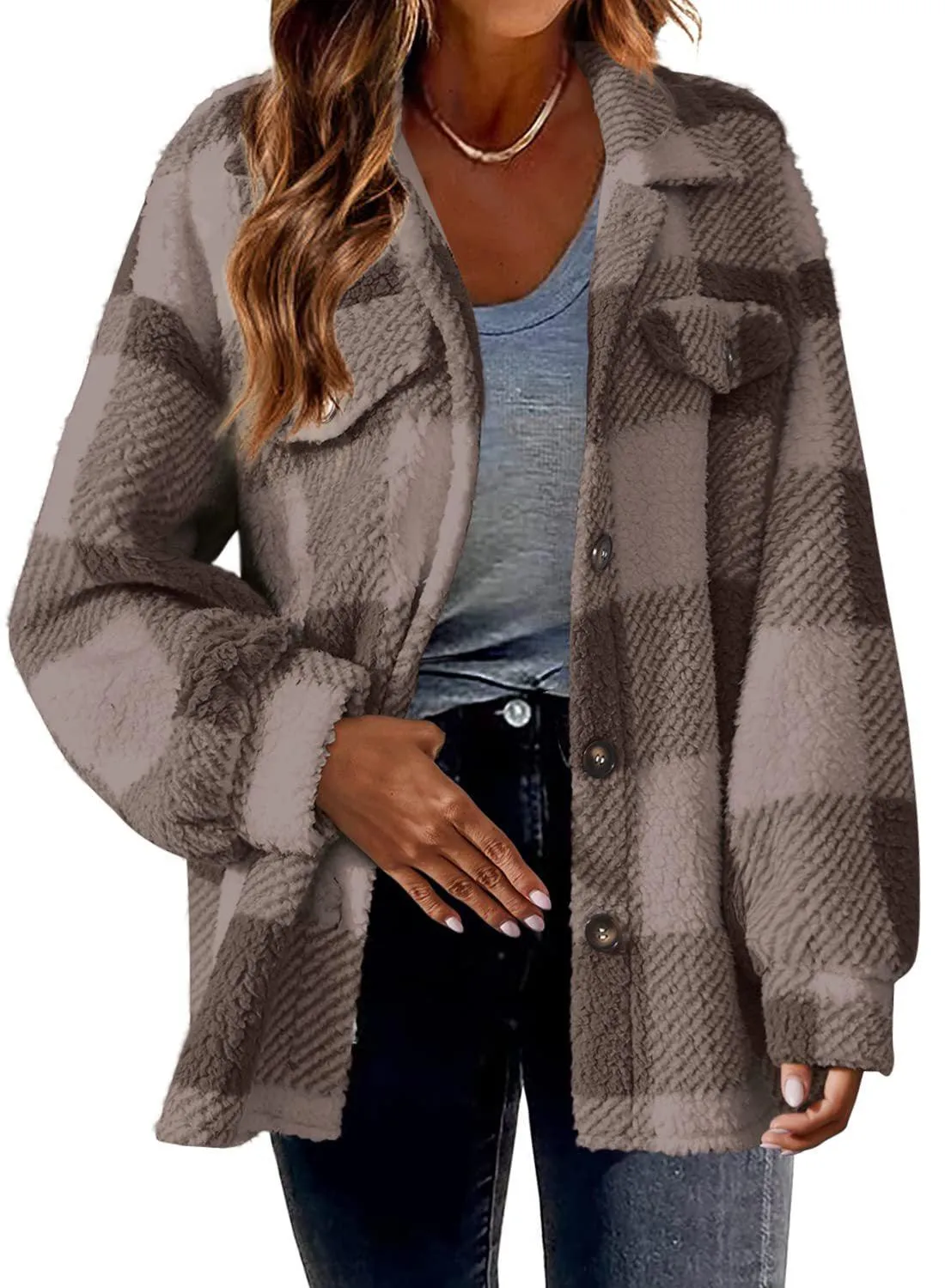 Women's plaid lamb fleece button plush coat