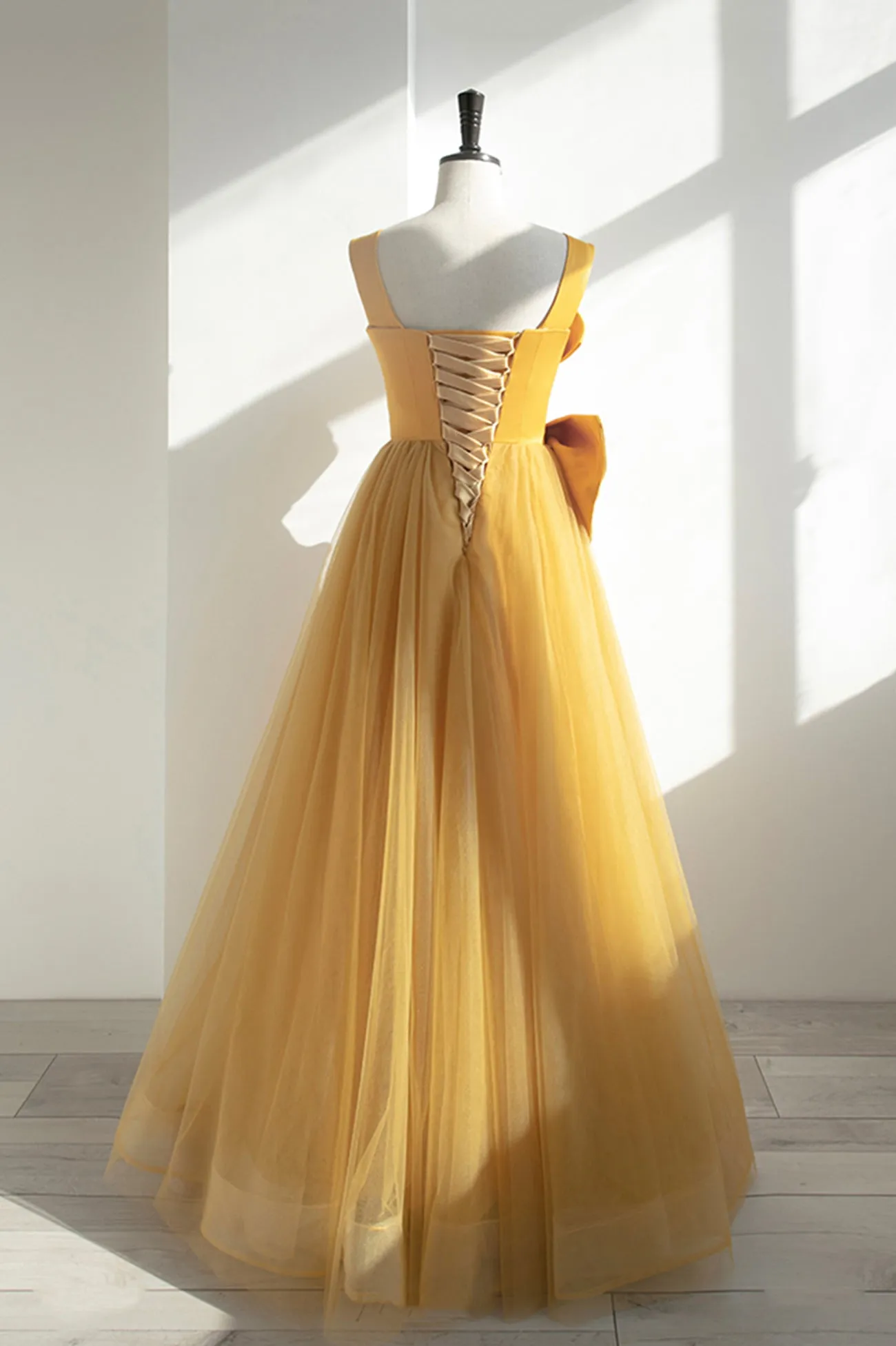 Yellow Satin Tulle Long Prom Dress A-Line Evening Dress with Bow