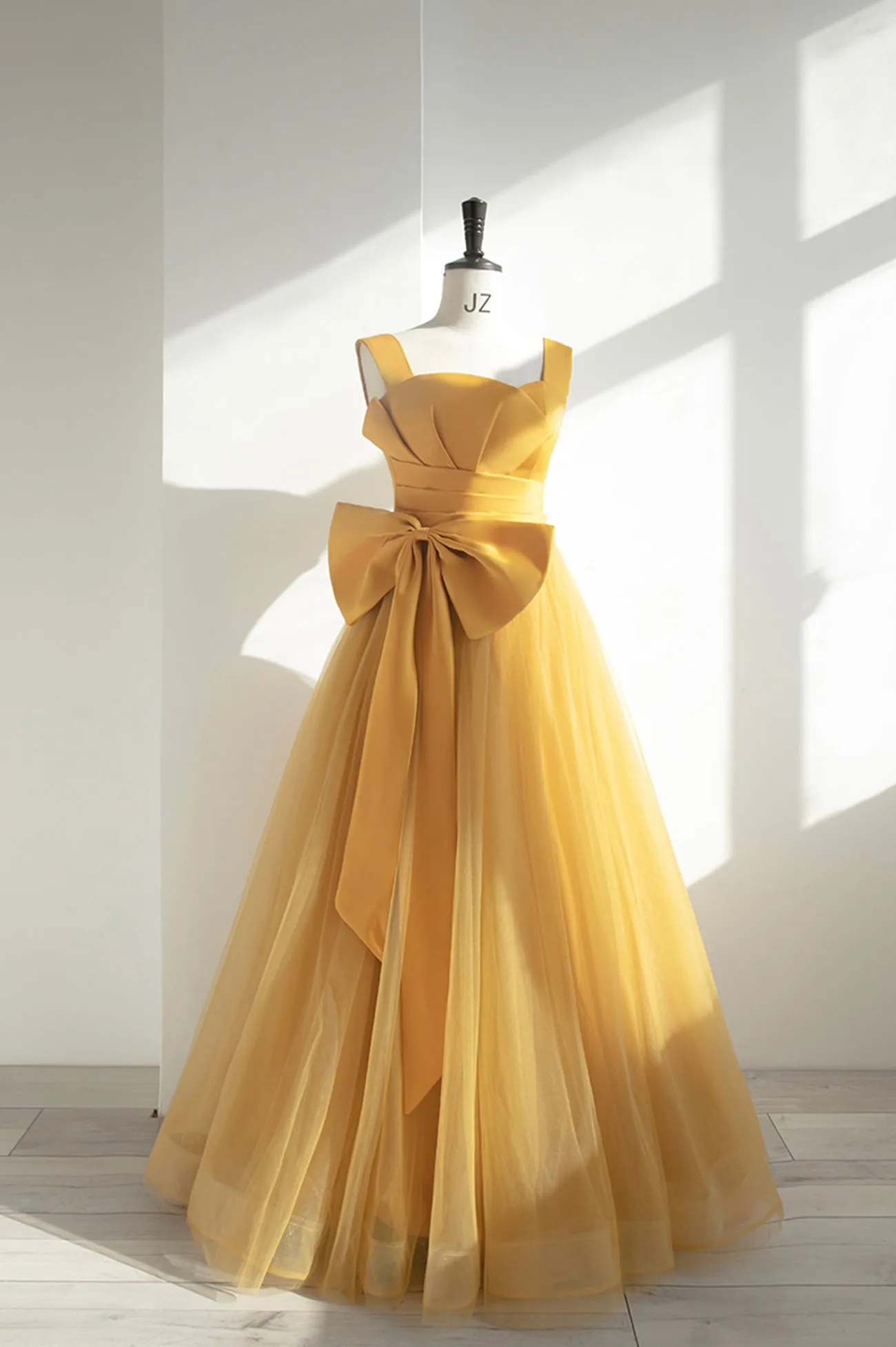 Yellow Satin Tulle Long Prom Dress A-Line Evening Dress with Bow