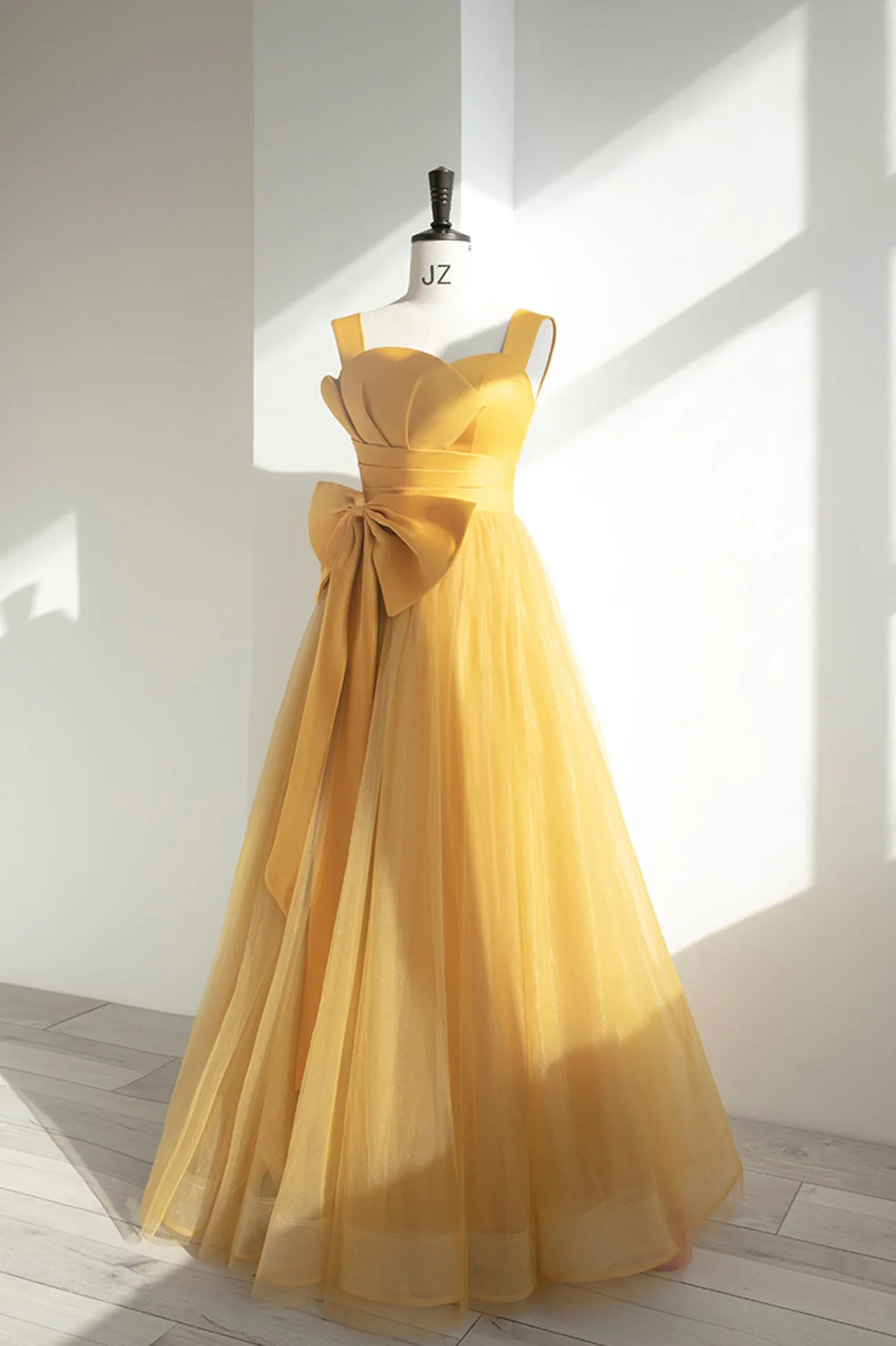 Yellow Satin Tulle Long Prom Dress A-Line Evening Dress with Bow