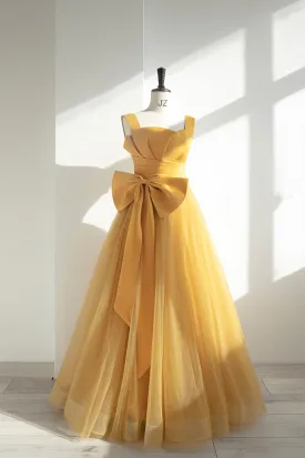 Yellow Satin Tulle Long Prom Dress A-Line Evening Dress with Bow