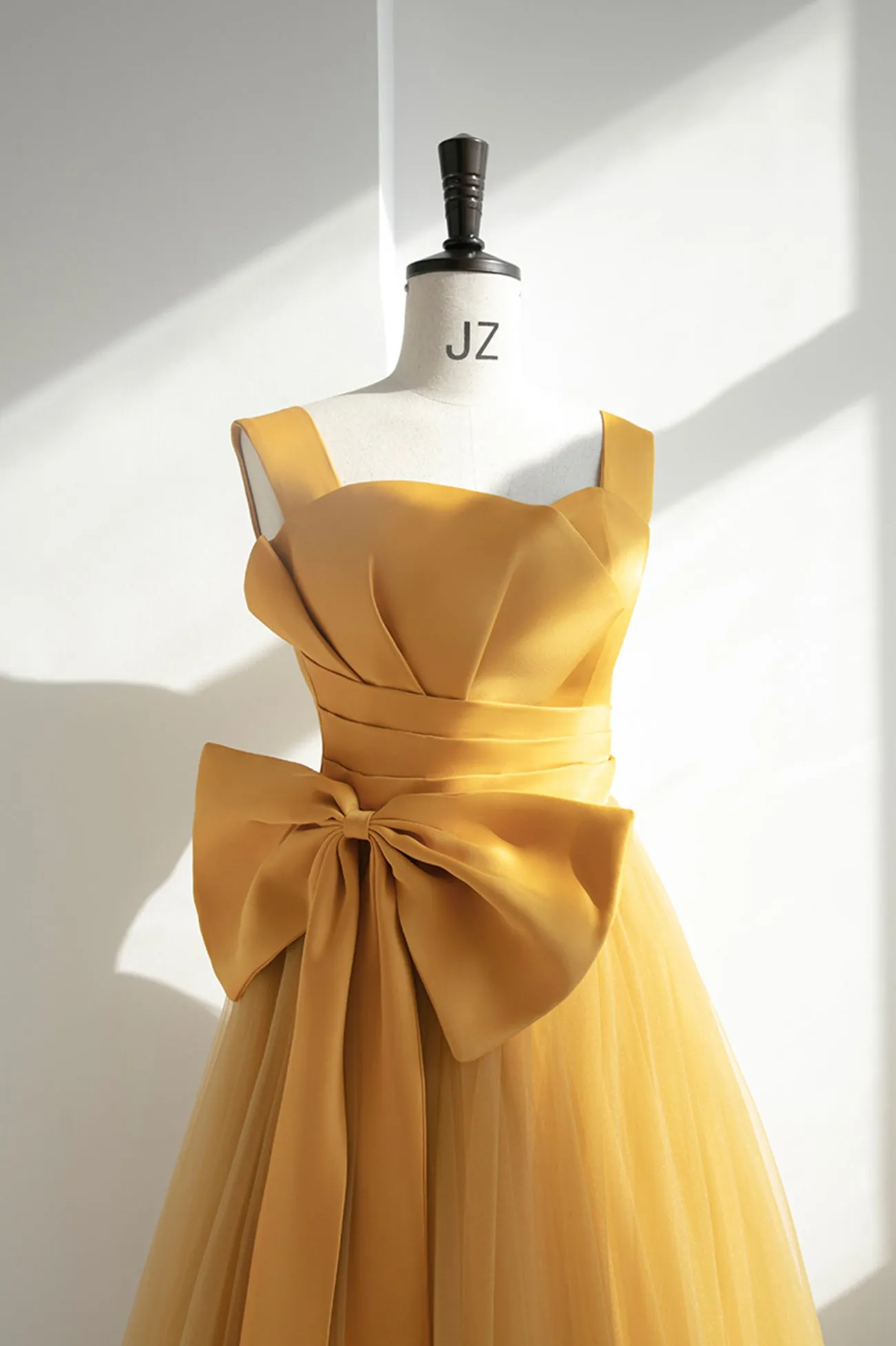 Yellow Satin Tulle Long Prom Dress A-Line Evening Dress with Bow